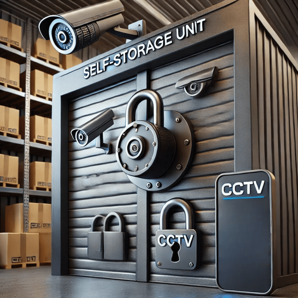 A self-storage rental unit with a strong lock on the door, CCTV symbols, and an access control system, illustrating maximum security and protection for stored items.