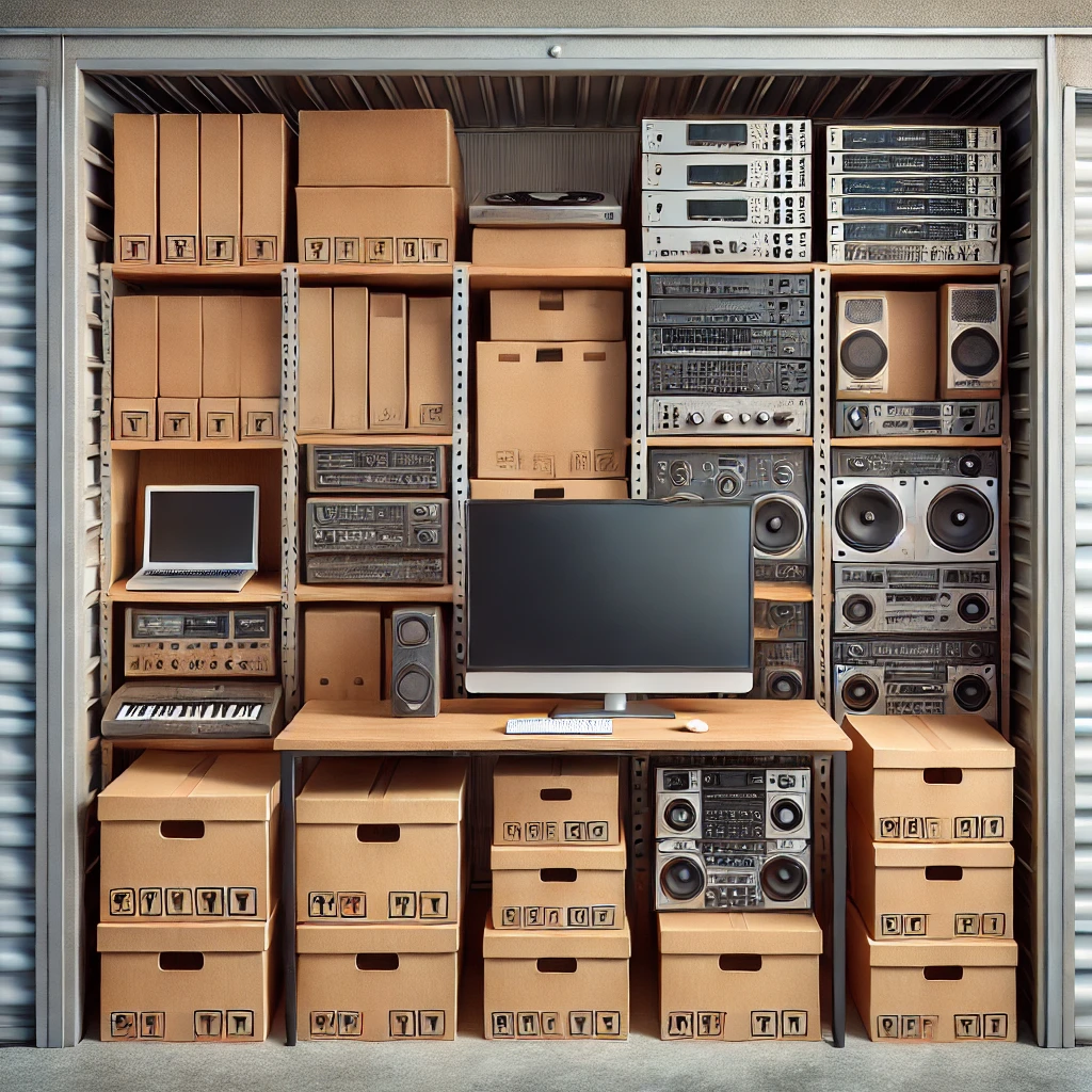 Berbagai perangkat elektronik seperti monitor, laptop, dan perangkat audio yang tersusun rapi dalam kotak atau rak di unit sewa gudang self storage.