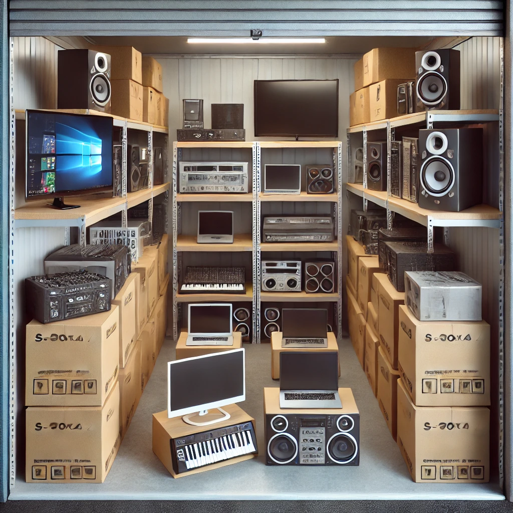 Various electronic devices, such as monitors, laptops, and audio equipment, neatly organized in boxes or on shelves within a self-storage unit.