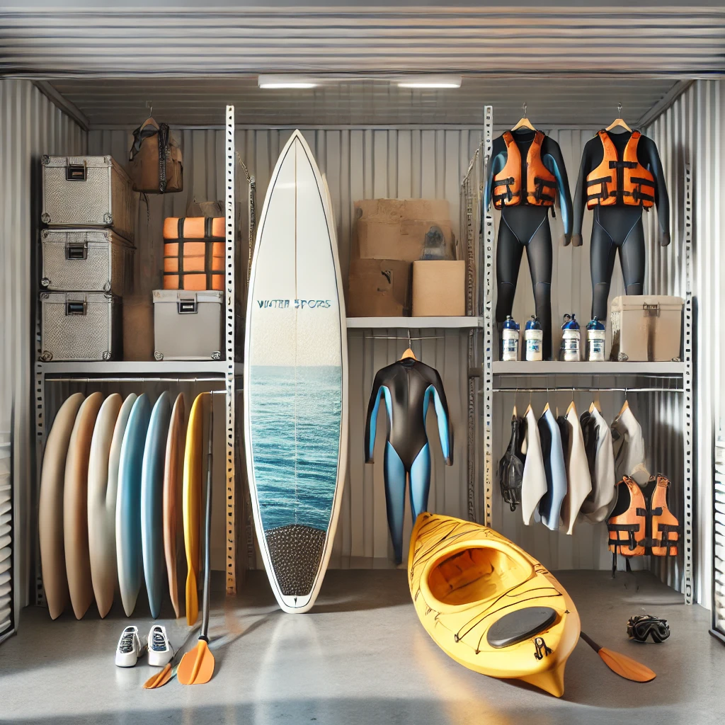 Berbagai alat olahraga air seperti papan selancar, kayak, dan perlengkapan selam yang tersusun rapi di unit self storage dengan rak dan gantungan.