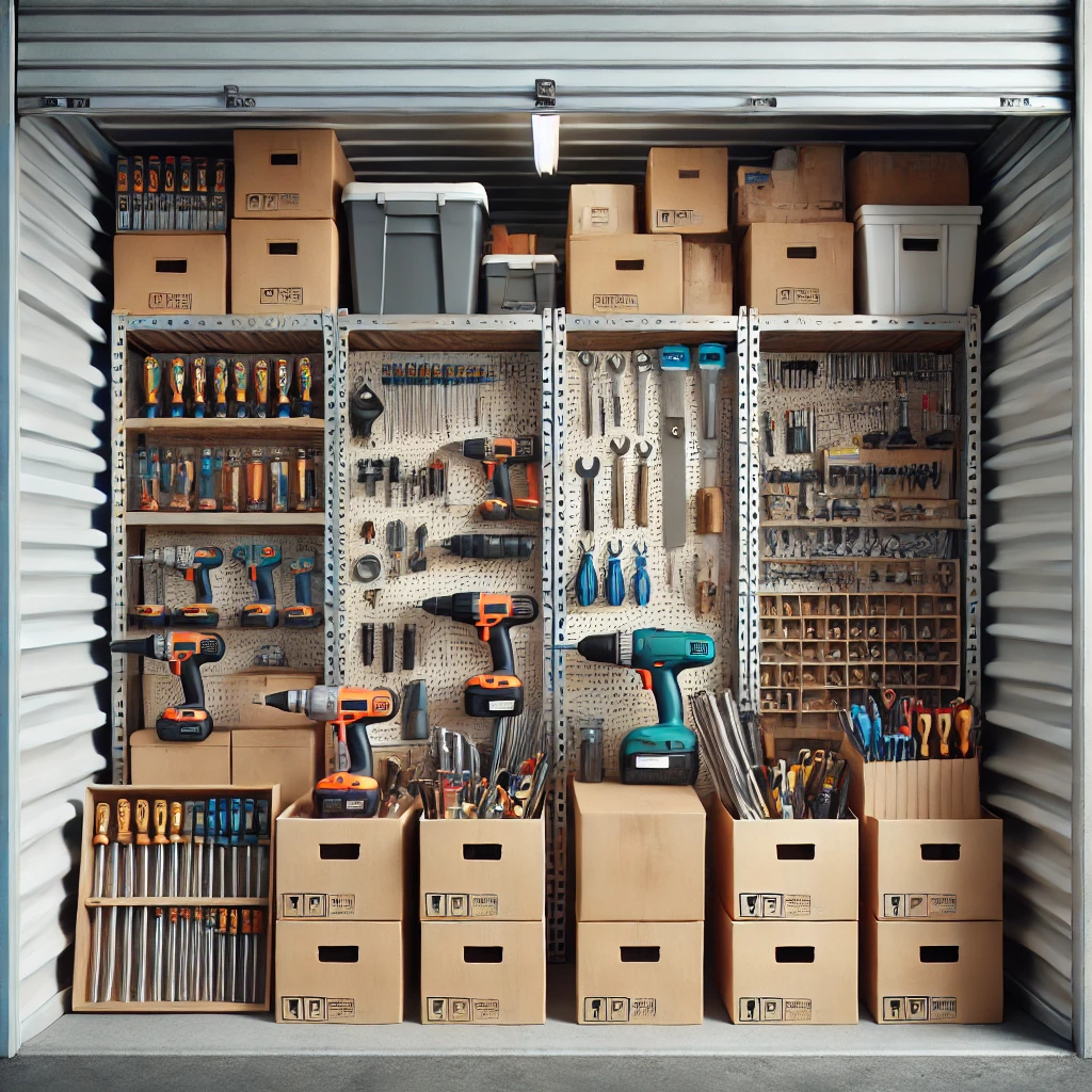 Berbagai alat perbaikan rumah seperti bor, obeng, dan tang yang tersusun rapi dalam kotak dan rak di unit self storage.