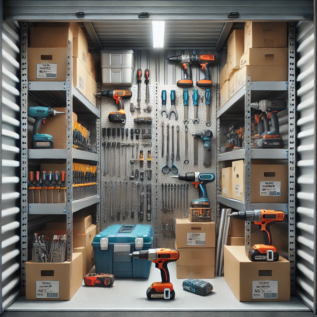 Various home repair tools such as drills, screwdrivers, and pliers neatly arranged in boxes and on shelves within a self-storage unit.