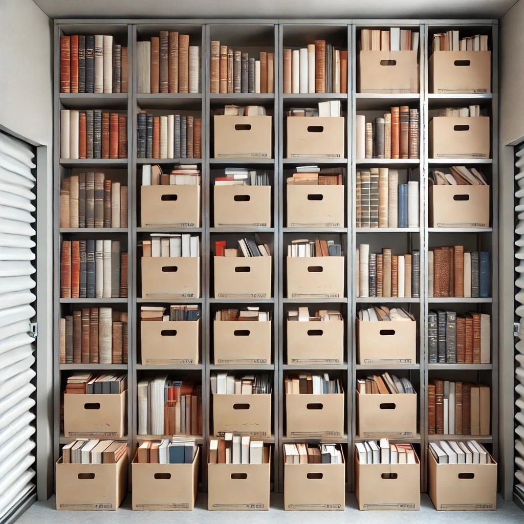 Rak penyimpanan berisi buku-buku dalam kotak yang tertata rapi, menggambarkan cara penyimpanan buku yang aman dan praktis di unit self storage.
