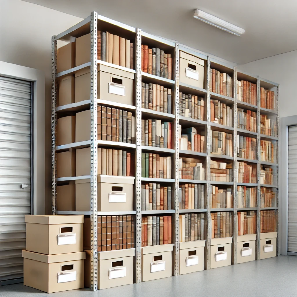 A storage shelf filled with neatly organized boxes of books, illustrating a safe and practical method for storing books in a self-storage unit.