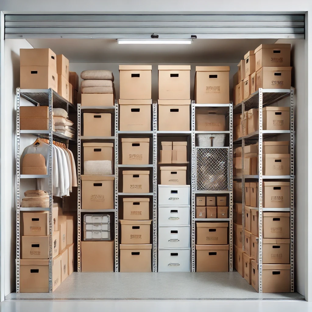 A self-storage rental unit with personal belongings neatly arranged in boxes and storage racks.