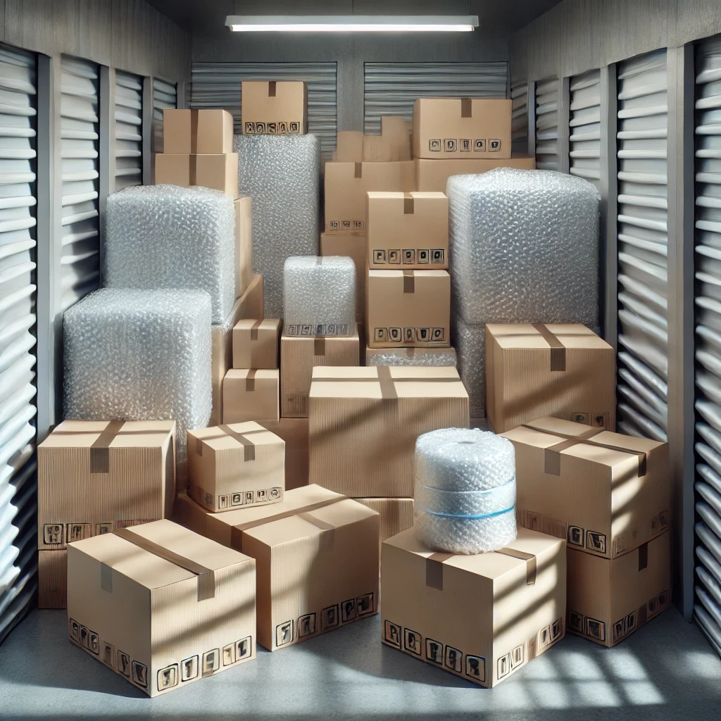 Boxes containing various fragile items protected with bubble wrap and carefully placed in a self-storage rental unit.