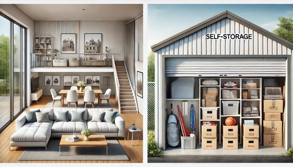 Rumah minimalis yang rapi serta barang-barang tambahan yang tersusun rapi di unit sewa gudang self storage yang terpisah.