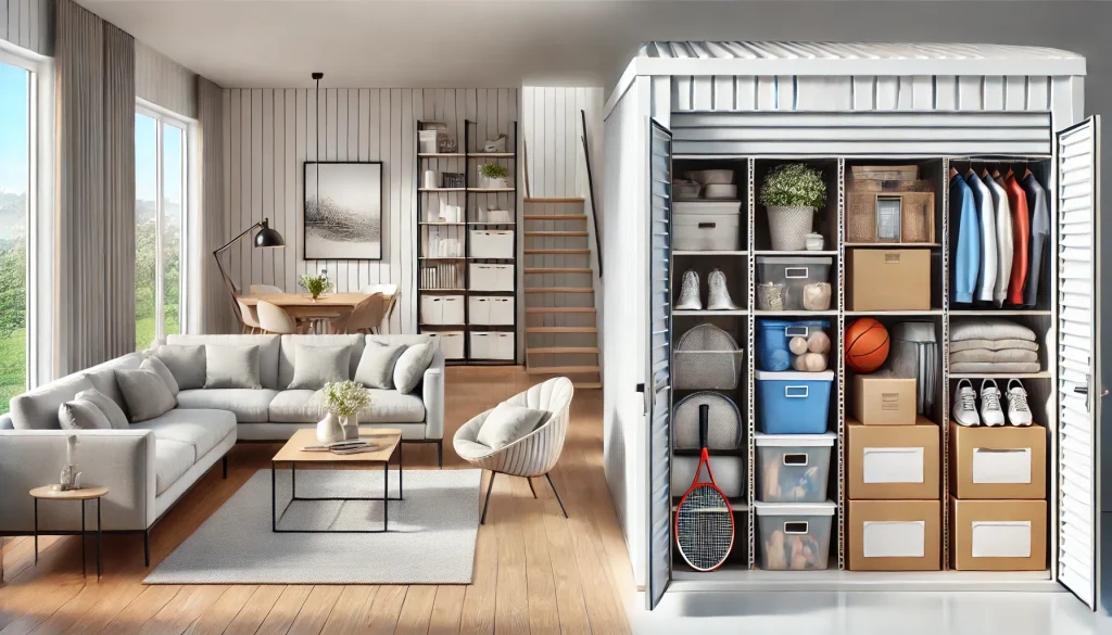 A tidy minimalist home with additional items neatly arranged in a separate self-storage rental unit.