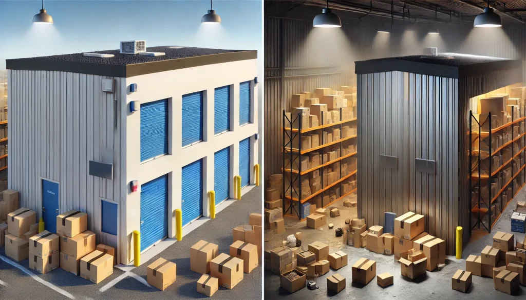 Perbandingan sebuah unit sewa gudang self storage yang modern dan bersih dengan gudang konvensional yang tampak kurang terawat.