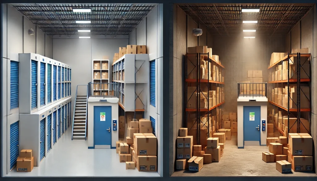 A comparison between a modern, clean self-storage warehouse rental unit and a conventional warehouse that appears less maintained.