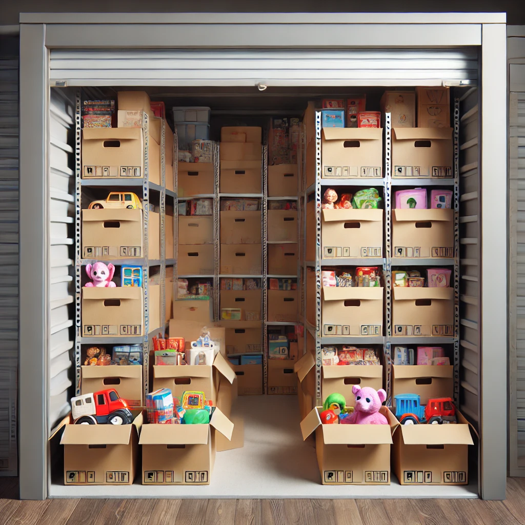 Kotak-kotak berisi mainan anak yang tersusun rapi di unit sewa gudang self-storage, dengan perlindungan untuk mainan sensitif.