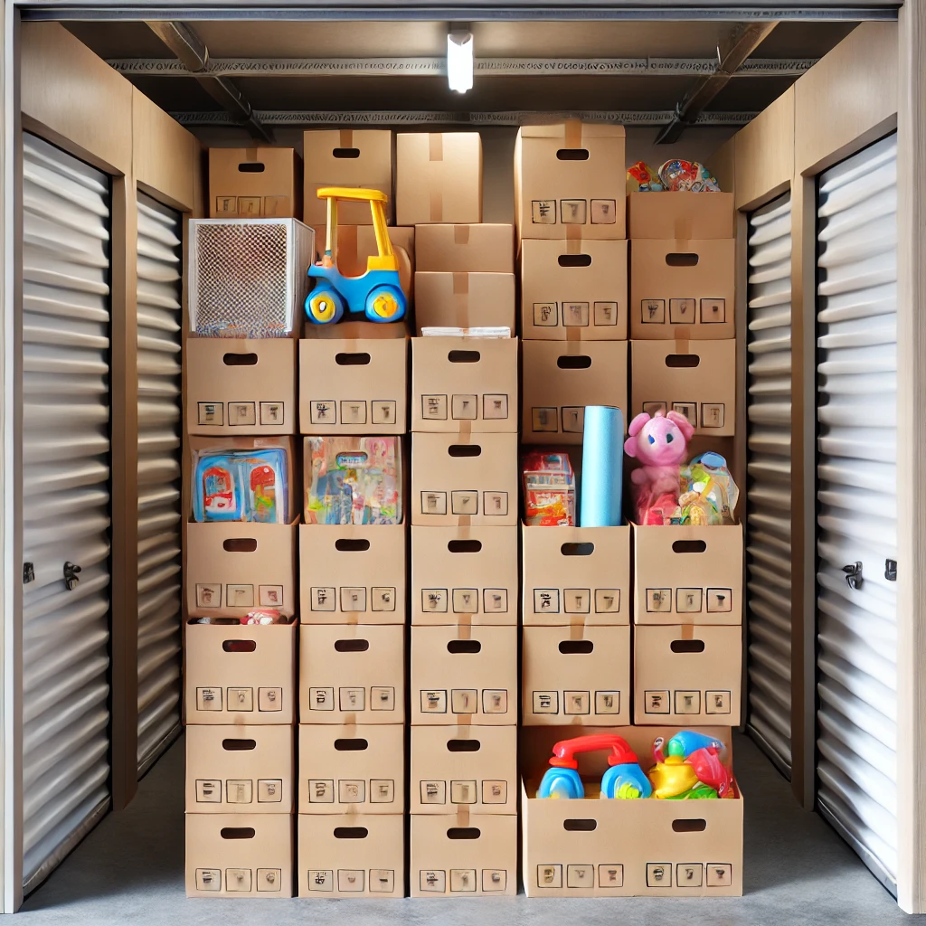 Boxes filled with children’s toys neatly organized in a self-storage rental unit, complete with protection for sensitive toys.