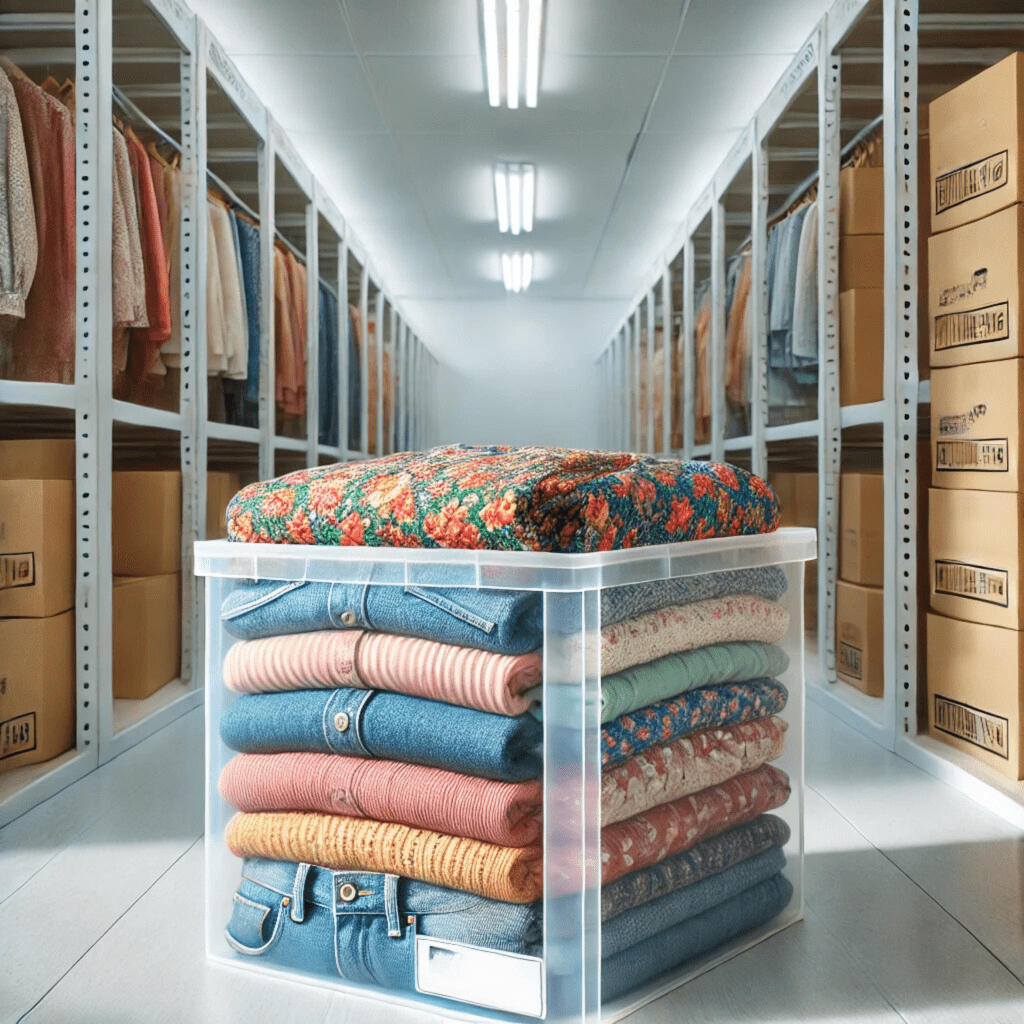 Tumpukan pakaian vintage yang terlipat rapi di dalam kotak plastik transparan, dengan latar belakang unit sewa gudang self storage yang bersih dan terang.