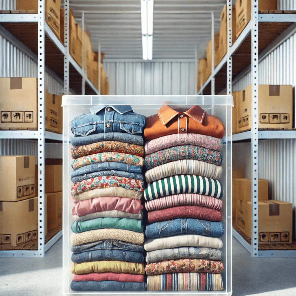 A stack of neatly folded vintage clothing inside transparent plastic boxes, set against the background of a clean and well-lit self storage rental unit.