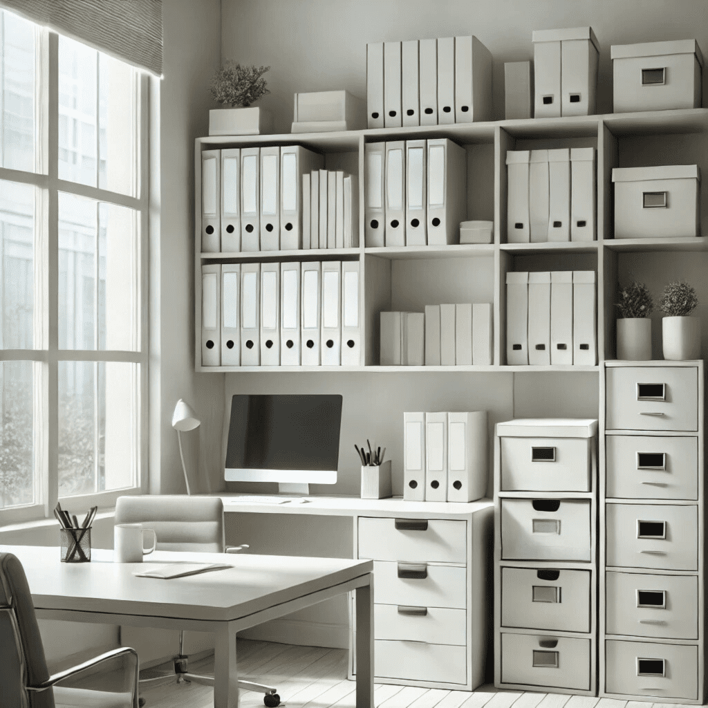 Ilustrasi ruang kantor modern yang rapi dan minimalis, dengan meja kerja bersih, rak dokumen yang tertata rapi, serta tambahan elemen kotak penyimpanan di latar belakang.