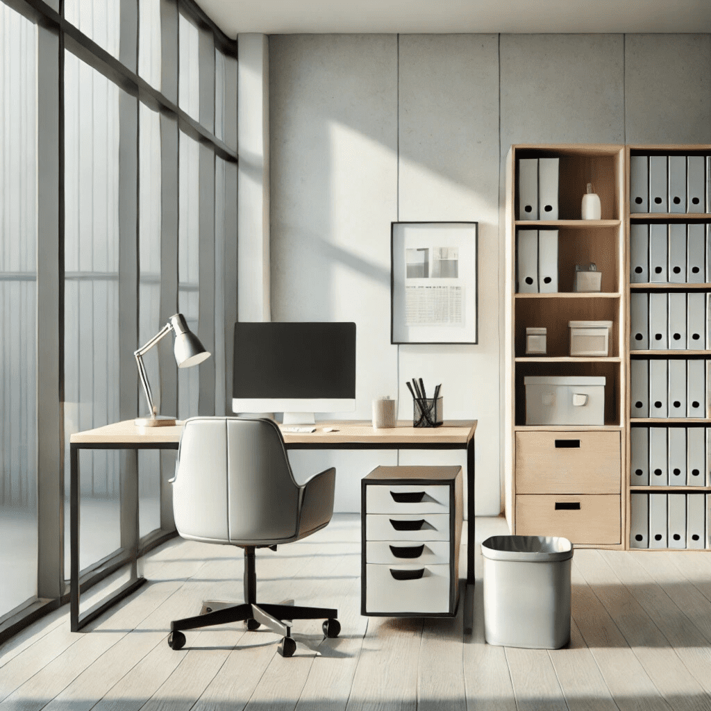 An illustration of a modern, tidy, and minimalist office space featuring a clean desk, neatly arranged document shelves, and the added element of storage boxes or a small self-storage facility in the background, creating a professional and organized impression.
