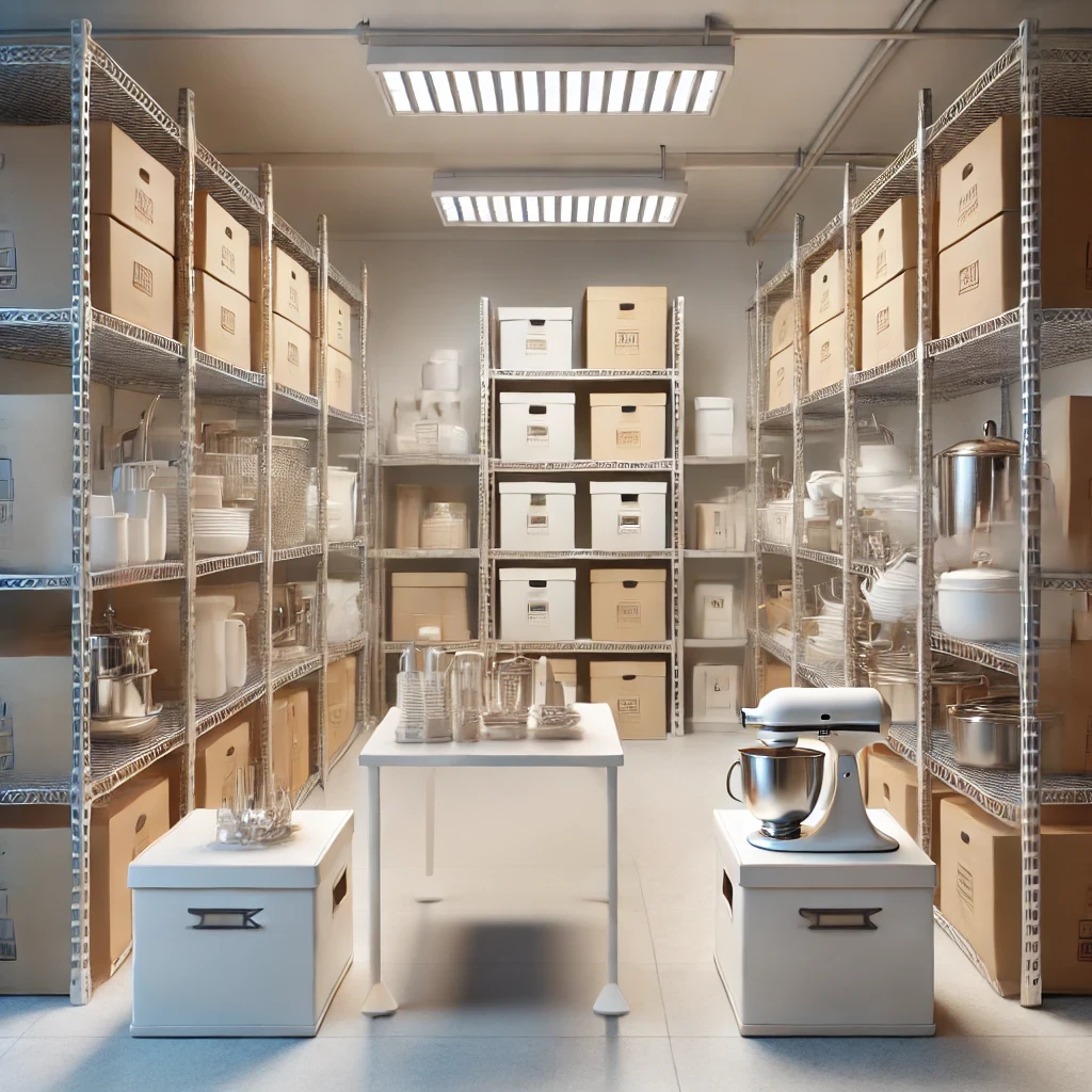 An illustration of a kitchen shelf with cooking equipment such as pots, pans, and a mixer neatly arranged in labeled storage boxes, placed in a clean and organized self-storage room.