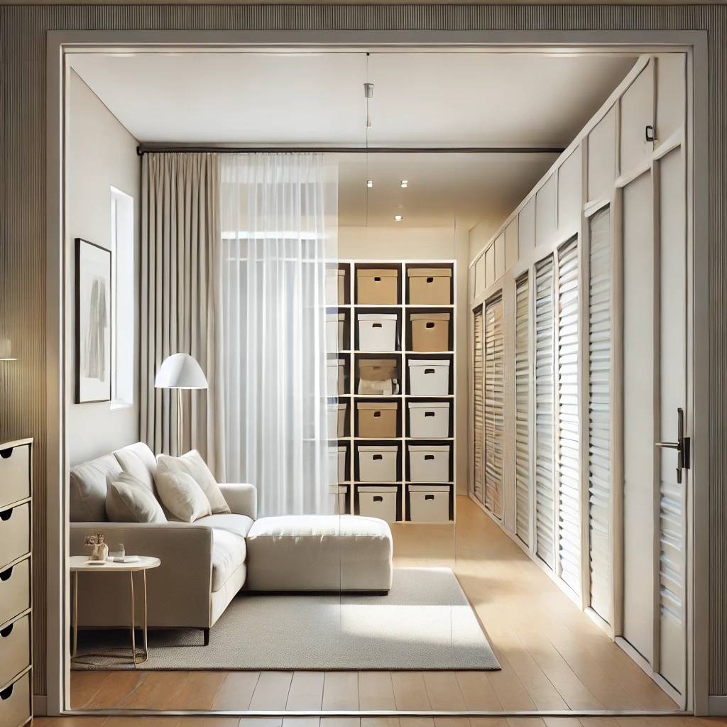 Ilustrasi modern dengan tampilan apartemen kecil yang rapi dan minimalis, dengan elemen kotak penyimpanan dan gambaran fasilitas sewa gudang self storage modern yang bersih dan aman di latar belakang.