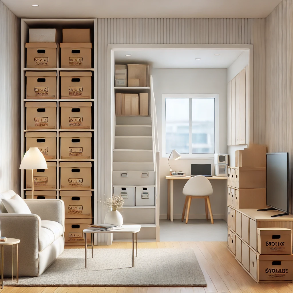 A modern illustration featuring a tidy and minimalist small apartment, with elements of storage boxes and a depiction of a clean and secure modern self-storage facility in the background.
