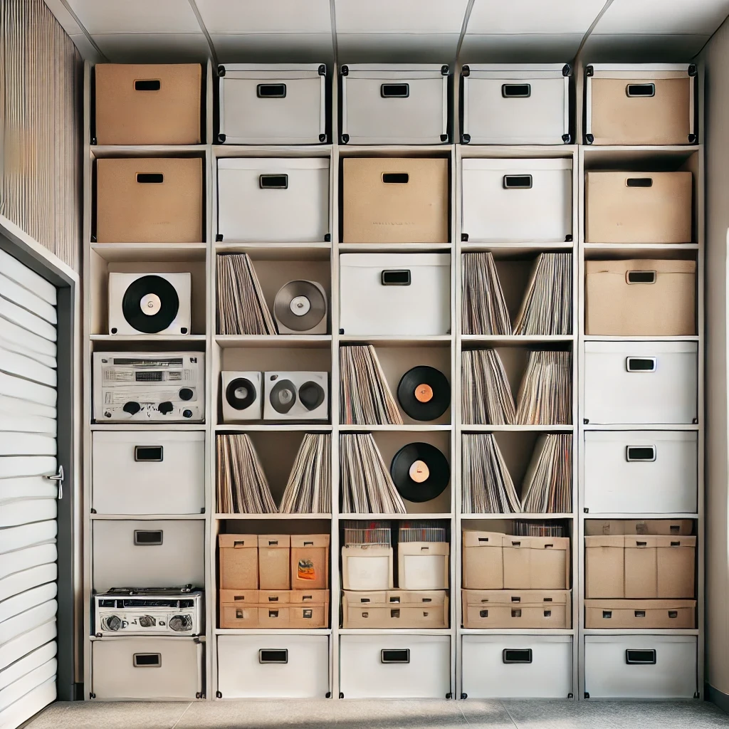 Ilustrasi rak atau kotak penyimpanan berisi koleksi piringan hitam, CD, dan kaset yang tersusun rapi, dengan elemen latar berupa ruangan self storage modern yang terlihat aman dan terorganisir.