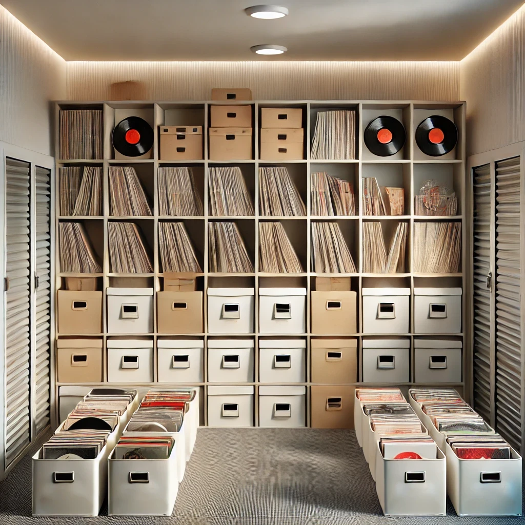 An illustration of shelves or storage boxes containing neatly arranged collections of vinyl records, CDs, and cassettes, with a background featuring a modern self-storage room that appears secure and well-organized.